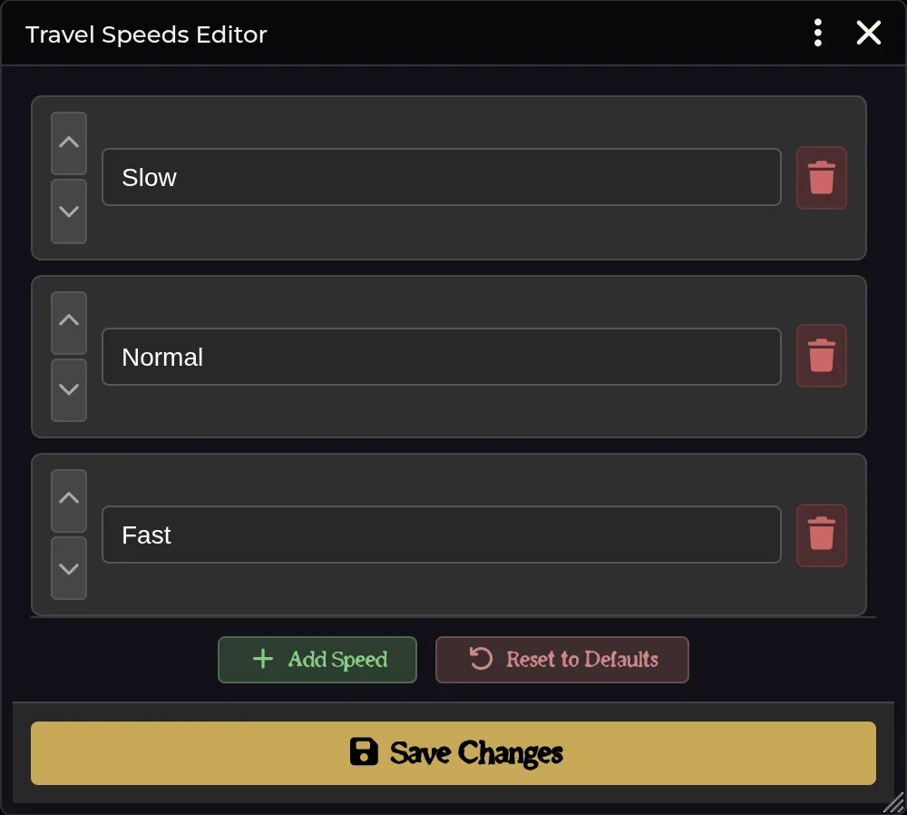 Travel Speeds — the default Slow, Normal, Fast rows
