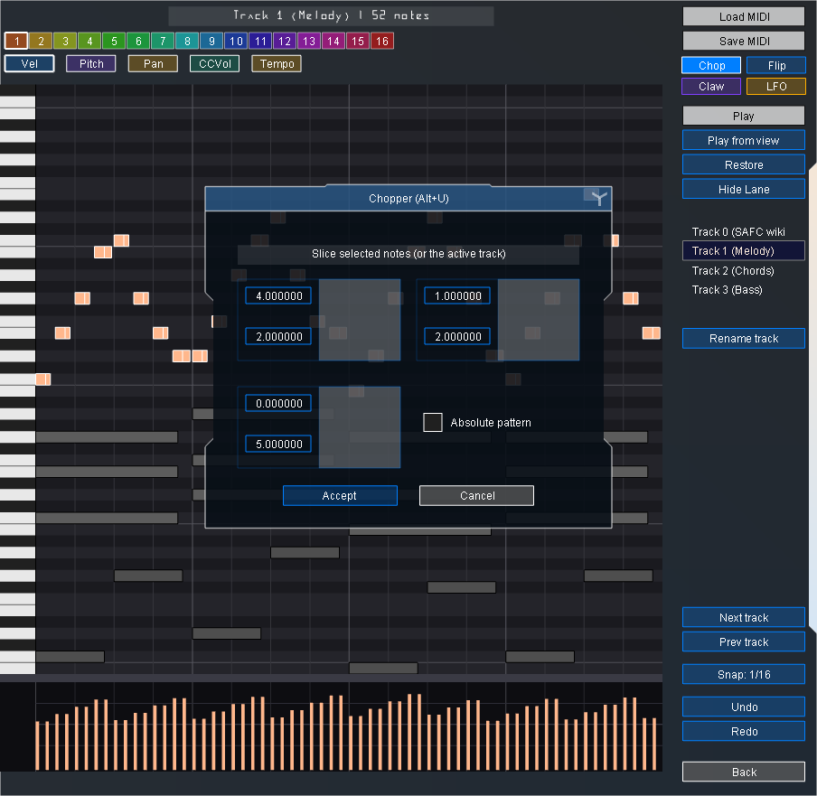 Chopper dialog previewing shorter repeated notes on the active melody track