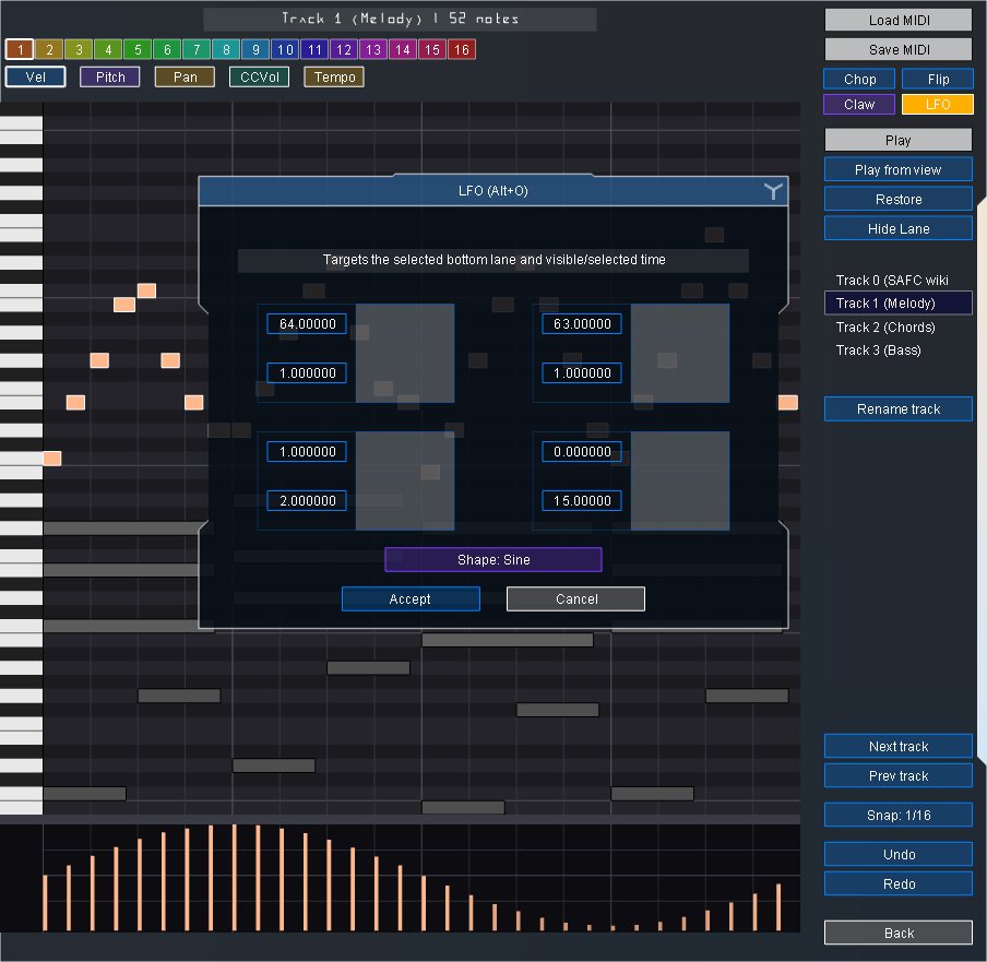 LFO dialog with a sine-shaped velocity preview in the bottom lane