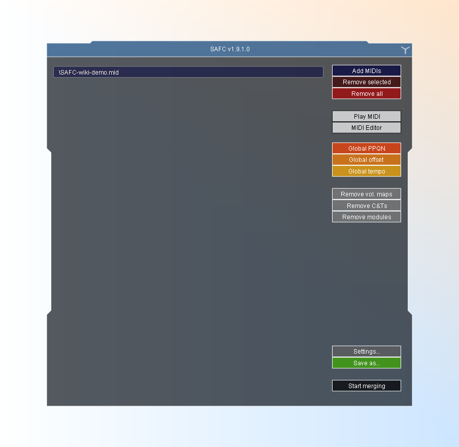 SAFC main window with the demo MIDI selected and converter, player, and editor controls visible