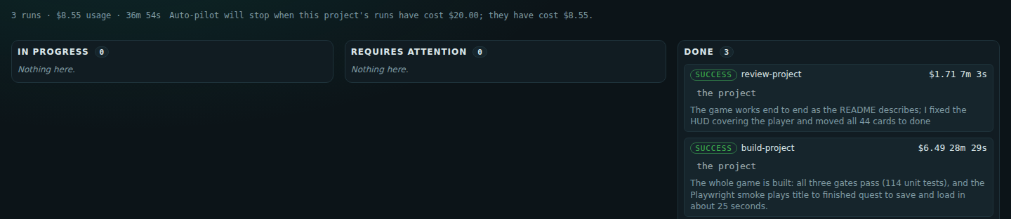 The Execution tab: runs in progress, runs that need you, and finished runs with their cost and duration