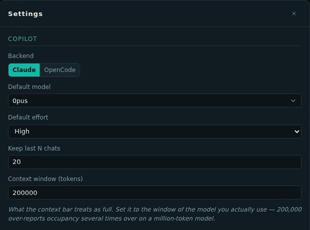 The Settings dialog: the copilot backend, default model and effort, chats kept and the context window