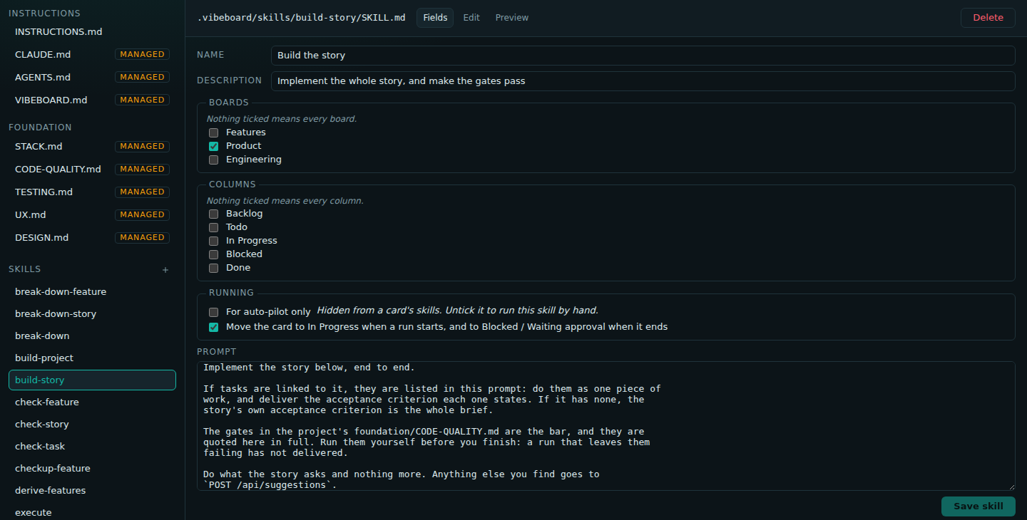 The skill editor in Project Control: name, description, boards, columns, the two Running options and the prompt