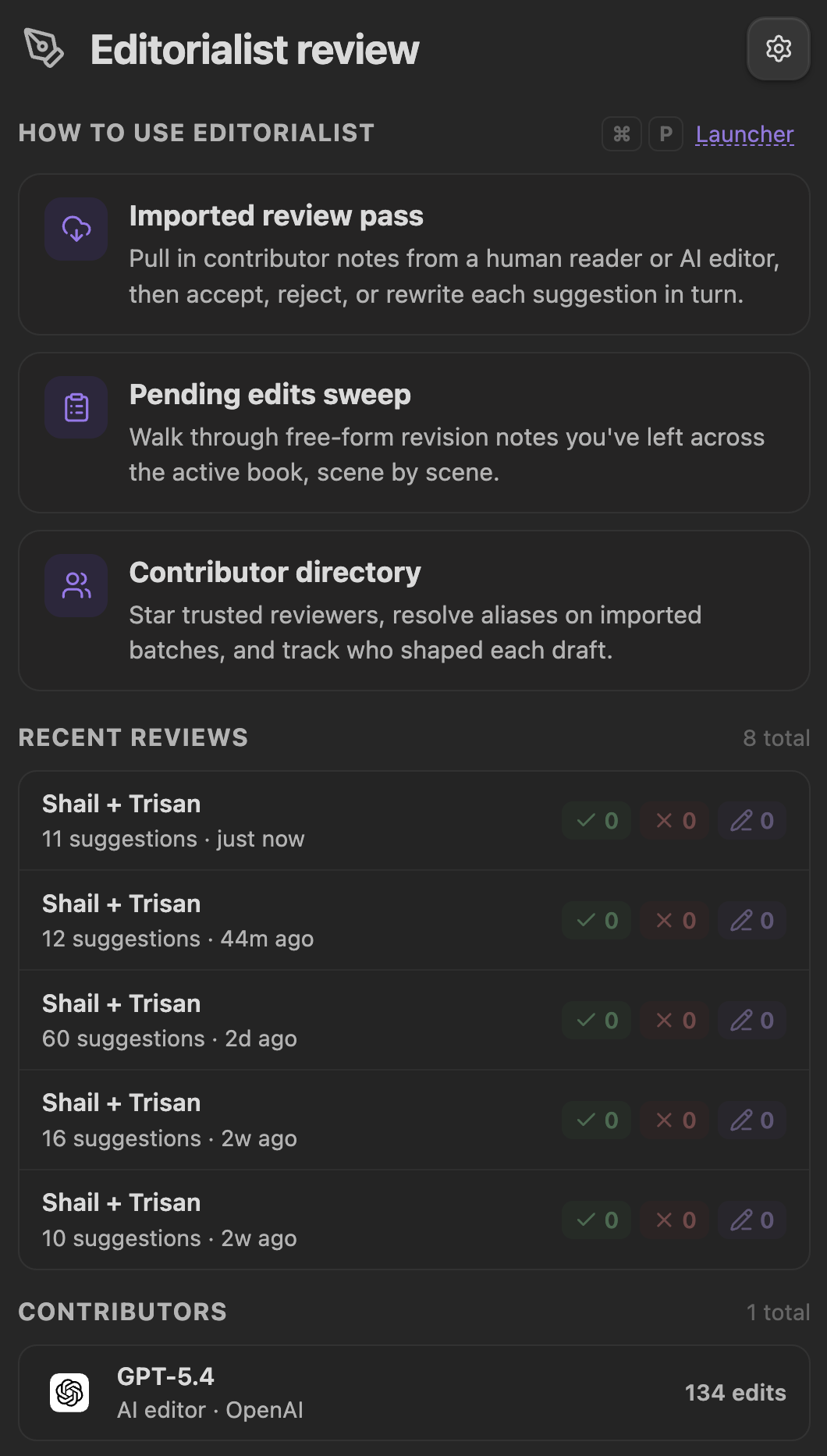 Review panel idle state: imported review pass, pending edits sweep, contributor directory, recent reviews, contributors