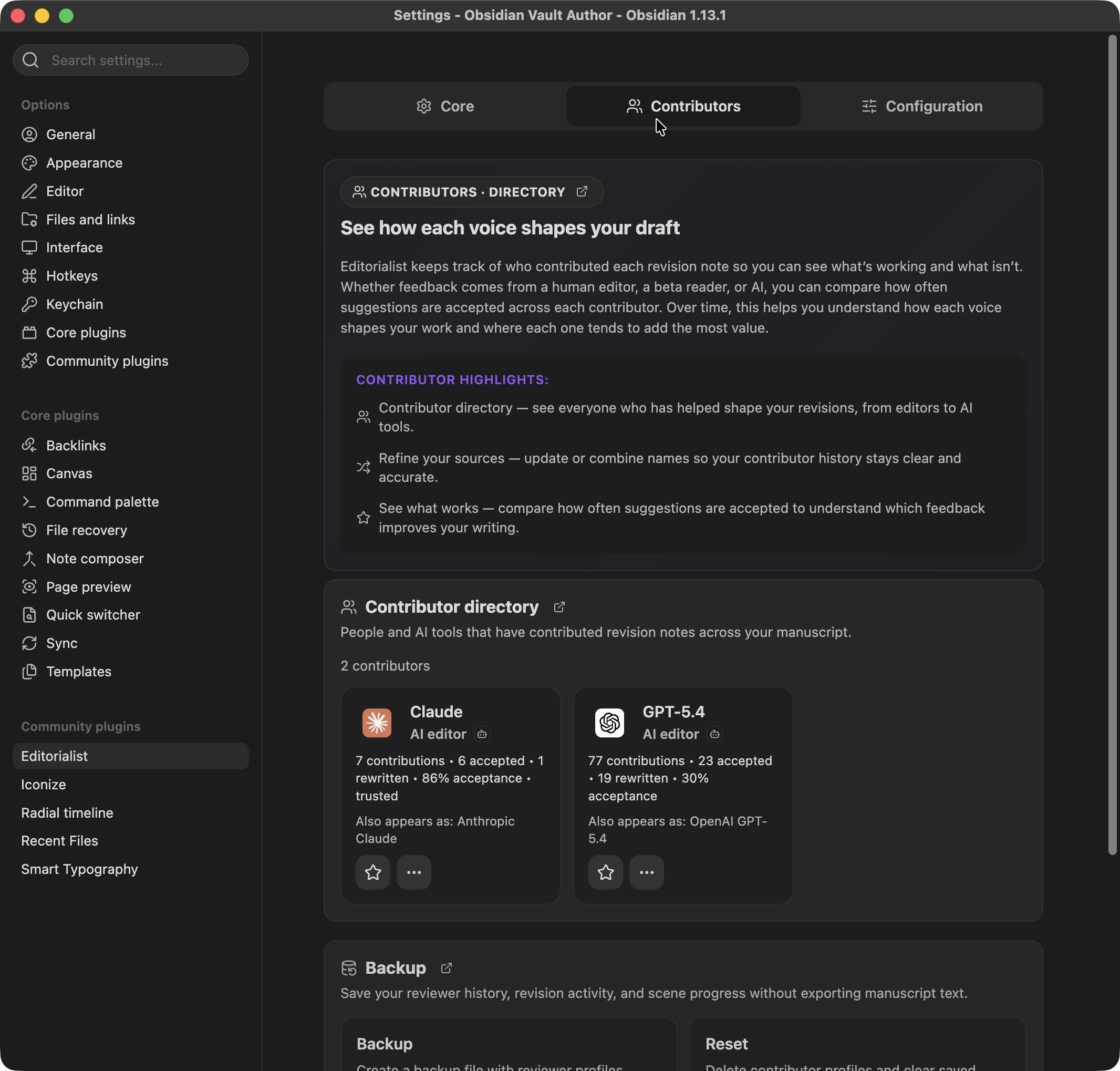 Contributors settings tab: contributor directory with per-contributor cards and stats, backup section