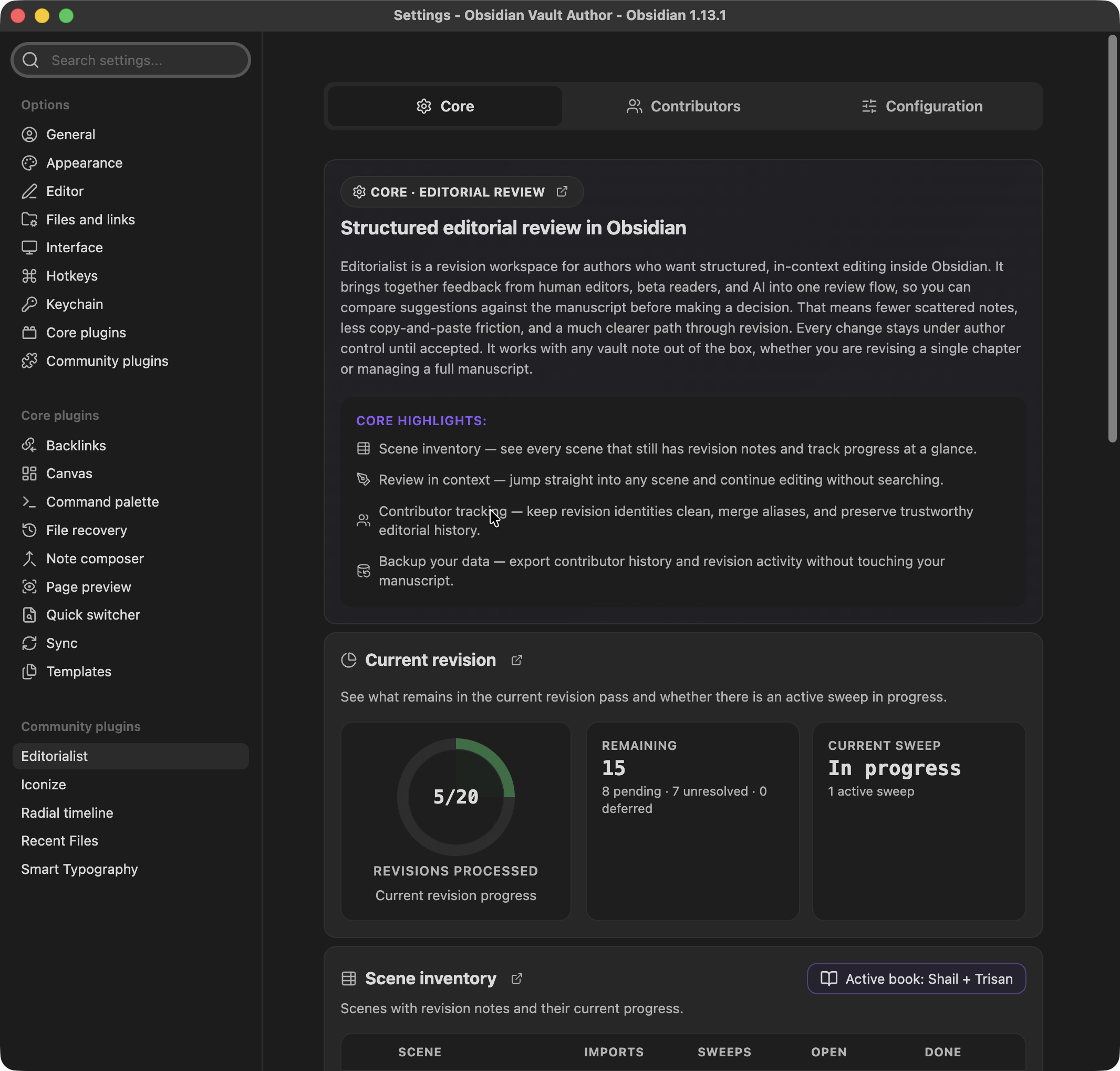 Core settings tab: structured editorial review hero, current revision progress, and scene inventory