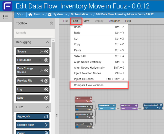 The Compare Flow Versions option in the Edit menu