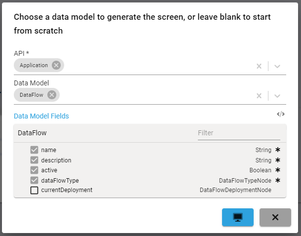 New screen data model form after selecting a data model