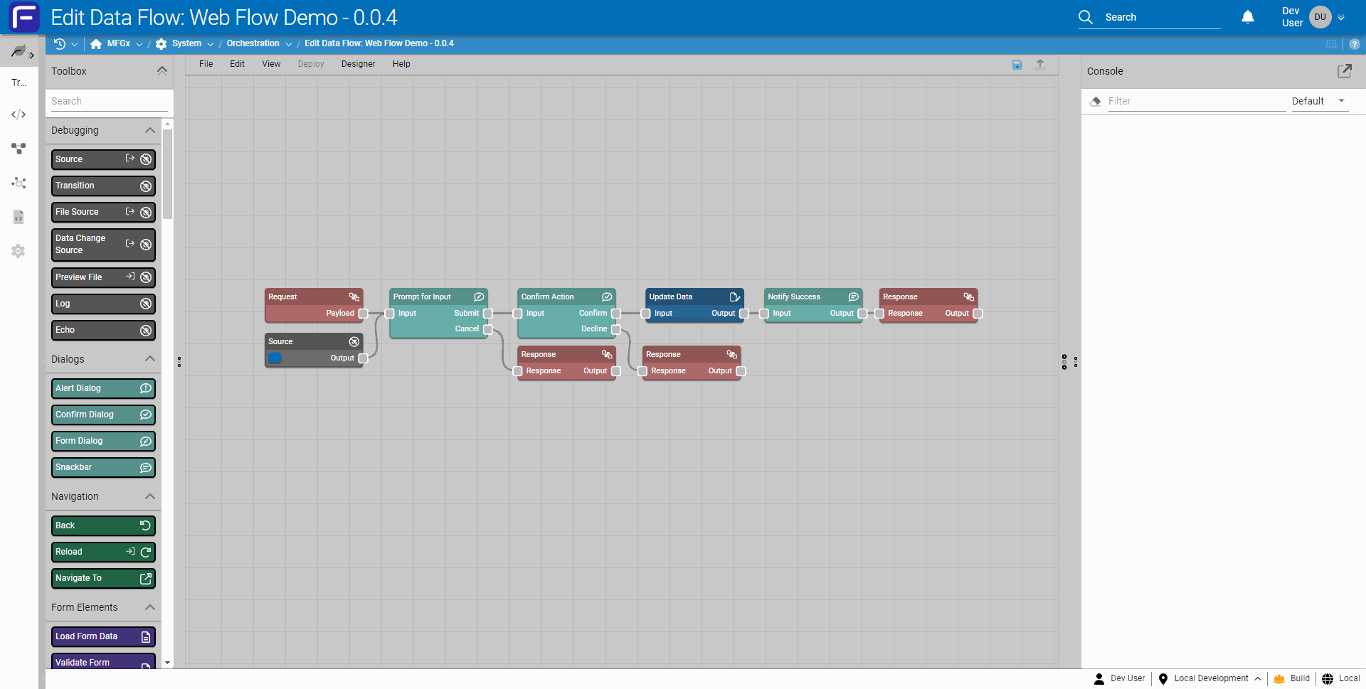 Web flows can be tested in the designer.