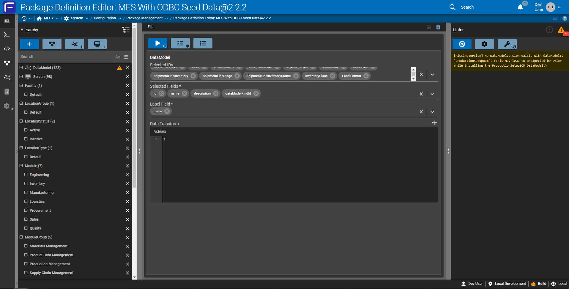 New package definition editor.