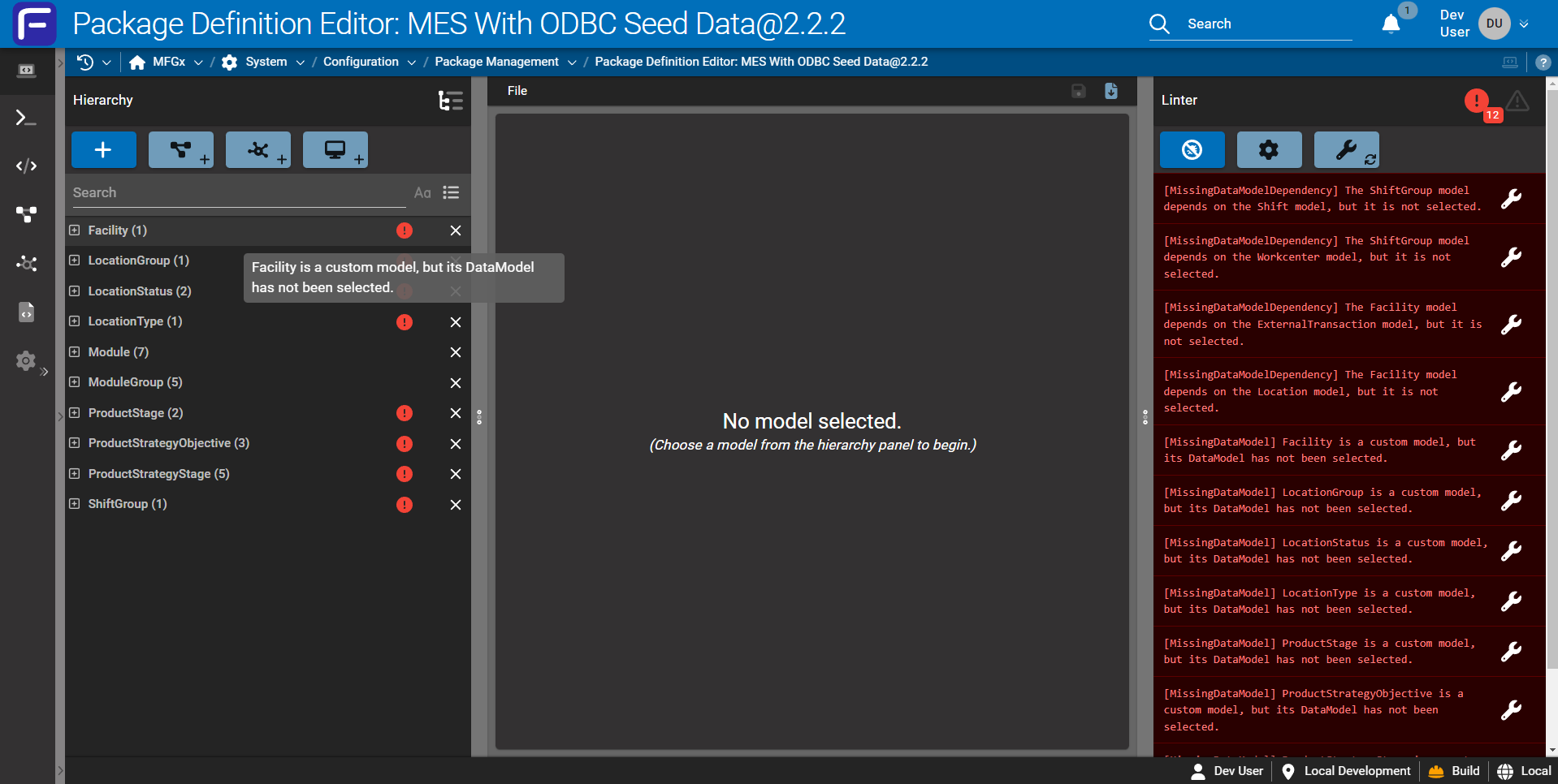 The package definition editor lints packages for potential issues.
