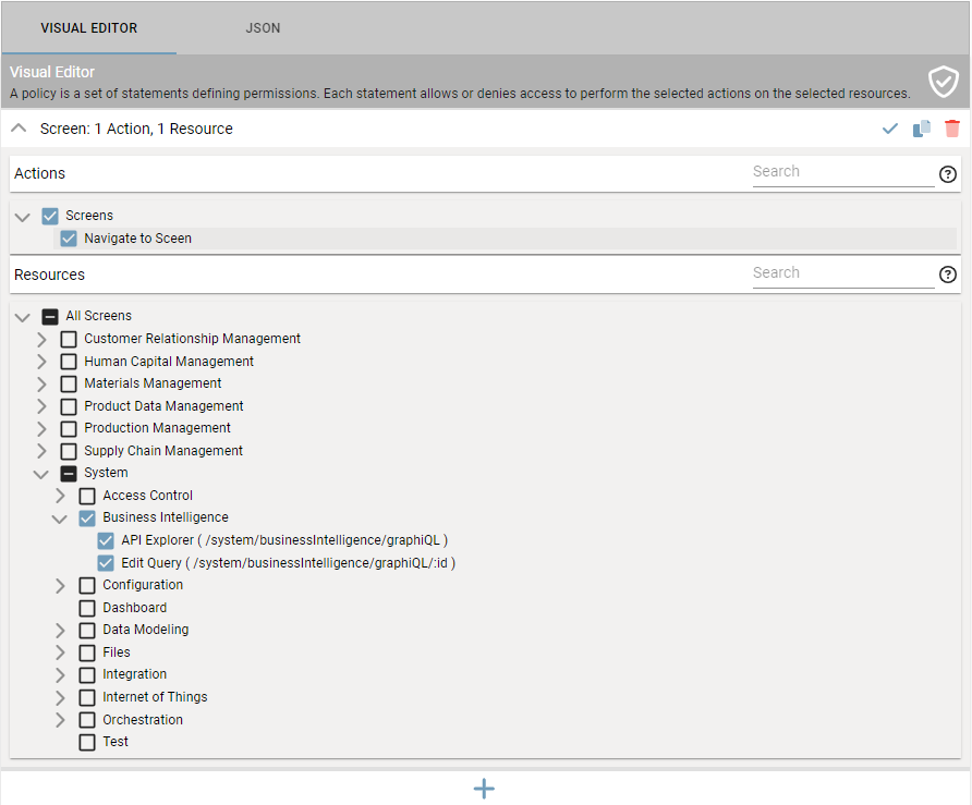 Screen actions and resources in the access control policy builder.