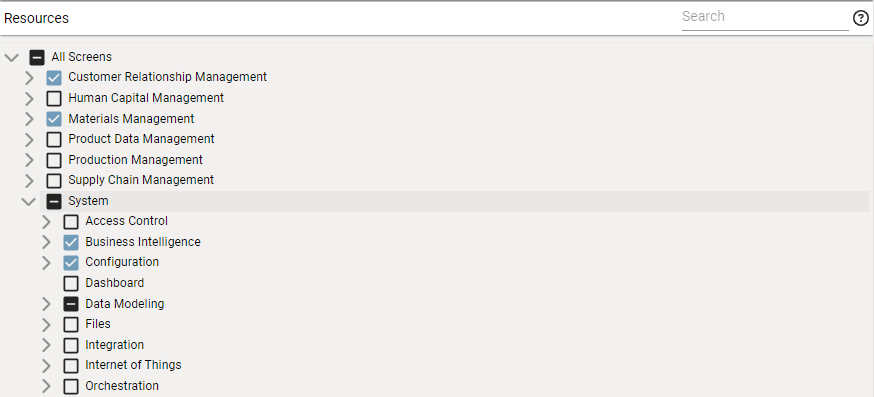 A complex policy granting screen access to a range of module groups, modules, and individual screens.
