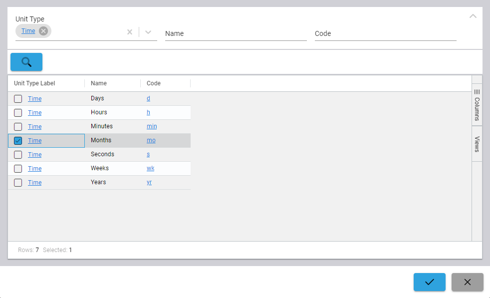 Dialog mode on the Select input uses a fully-featured search table with filters and columns.