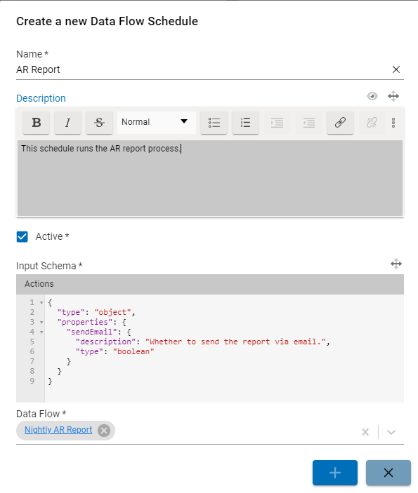 The create dialog on the Data Flow Schedules Editor.