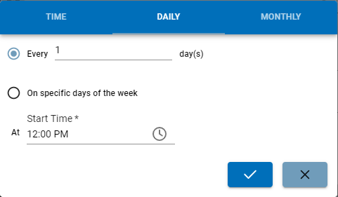 Cron schedule dialog defining when the flow runs