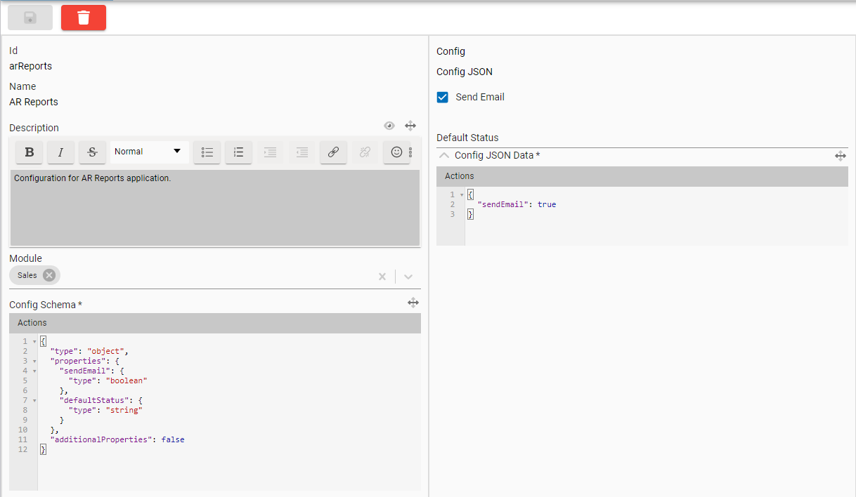 Application Configurations form