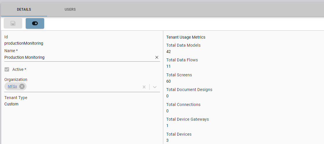 Updated tenant form with active toggle action, organization input, tenant type, and usage metrics.