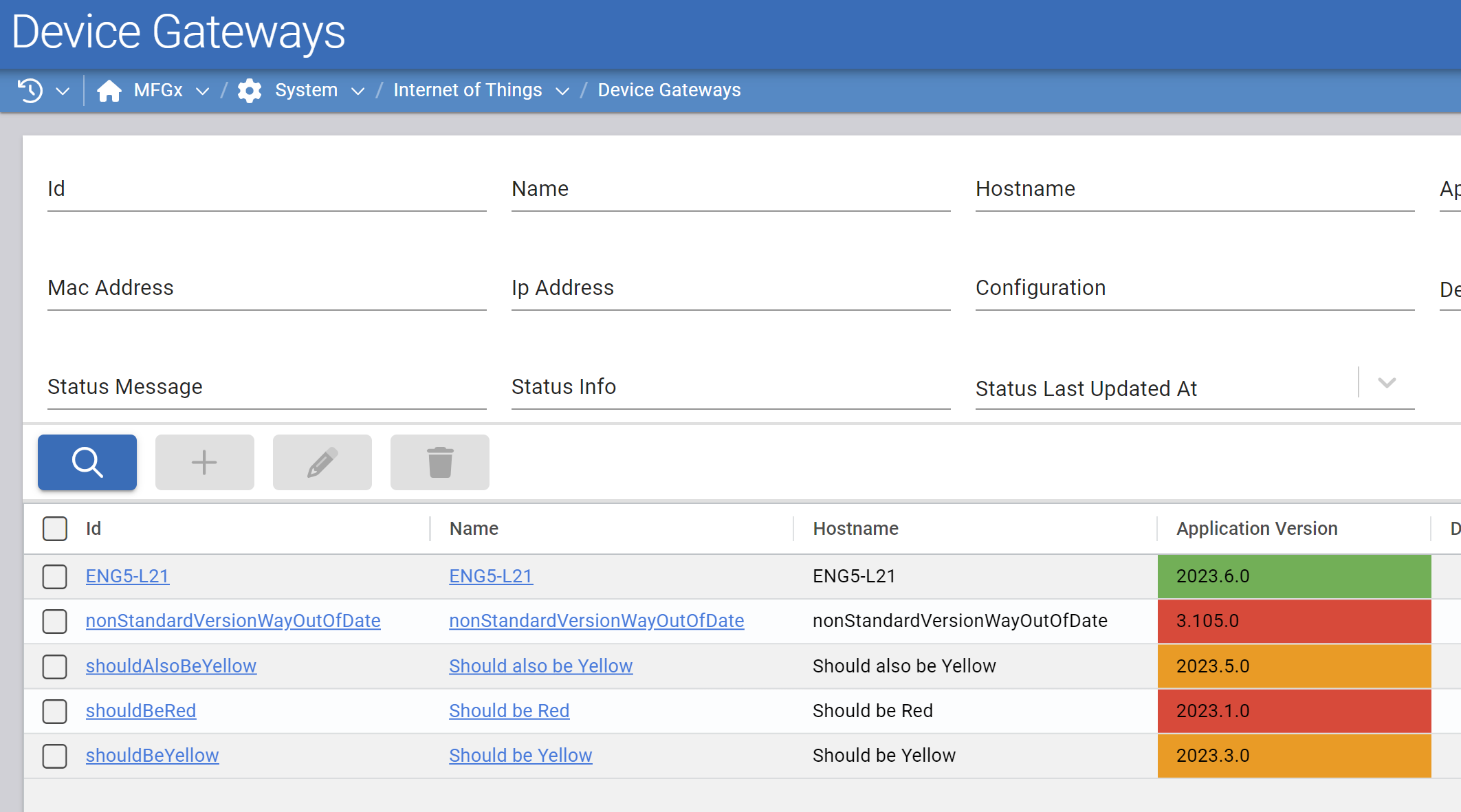 Color-coding indicates the version support status of the installed gateway version.