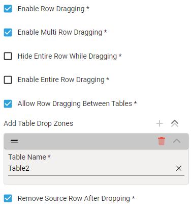Table properties configuring drag and drop behavior for rows.