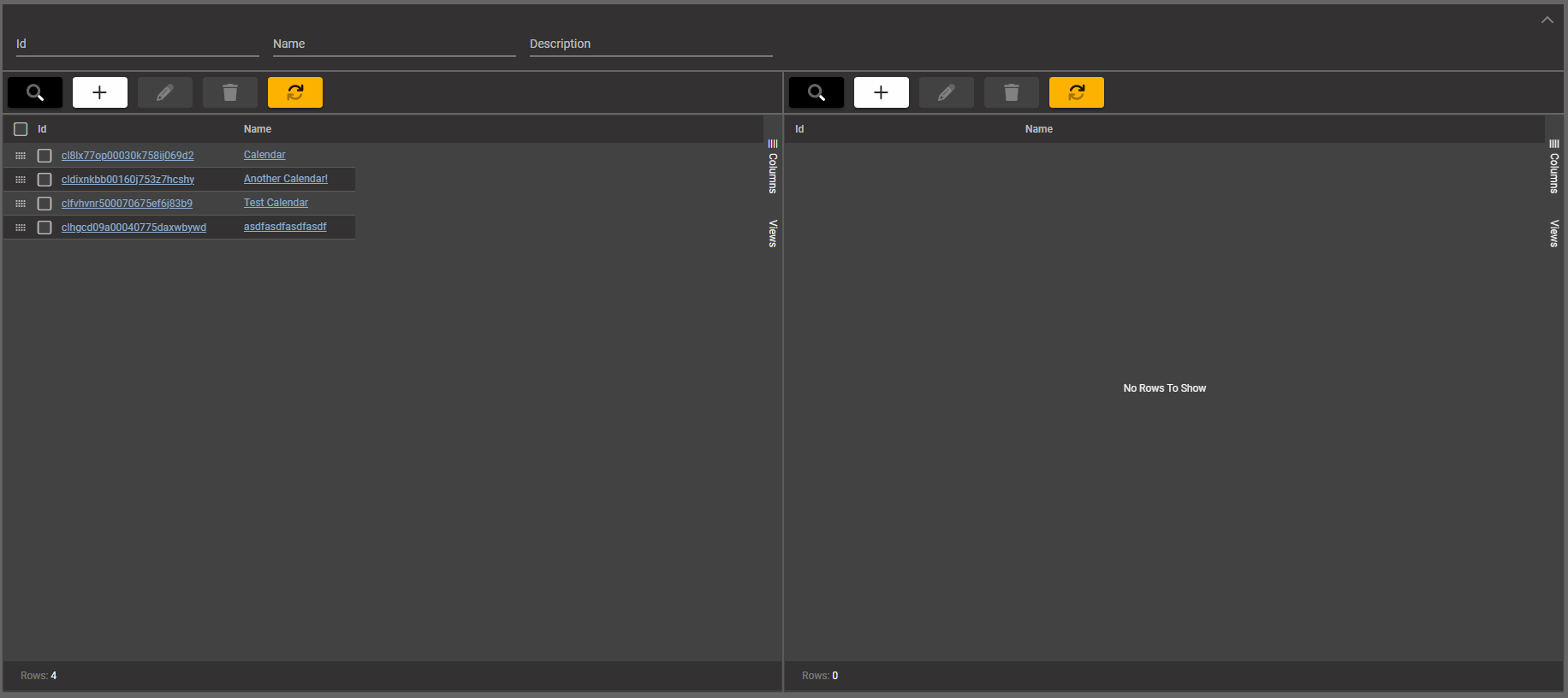 Row drag and drop between tables to move rows.