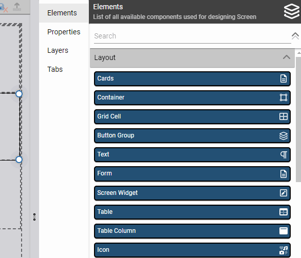 New panel navigation to access Screen Designer elements, properties, and other configuration