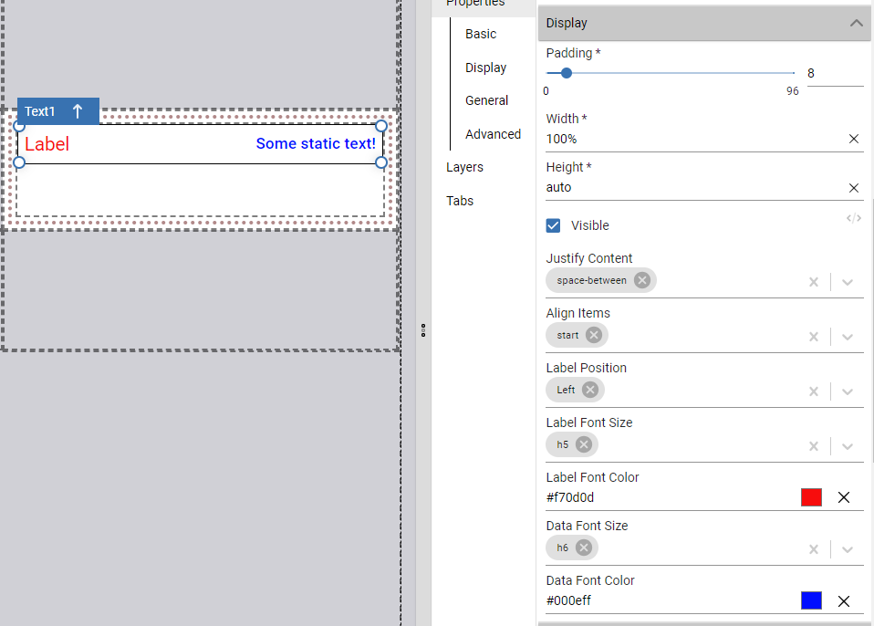 A Text element with new size, color, and layout properties set
