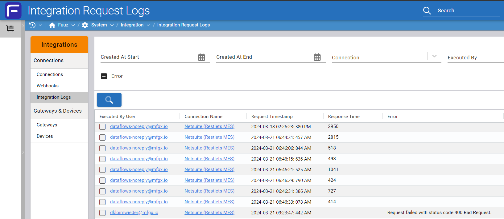 Integration Request Logs table
