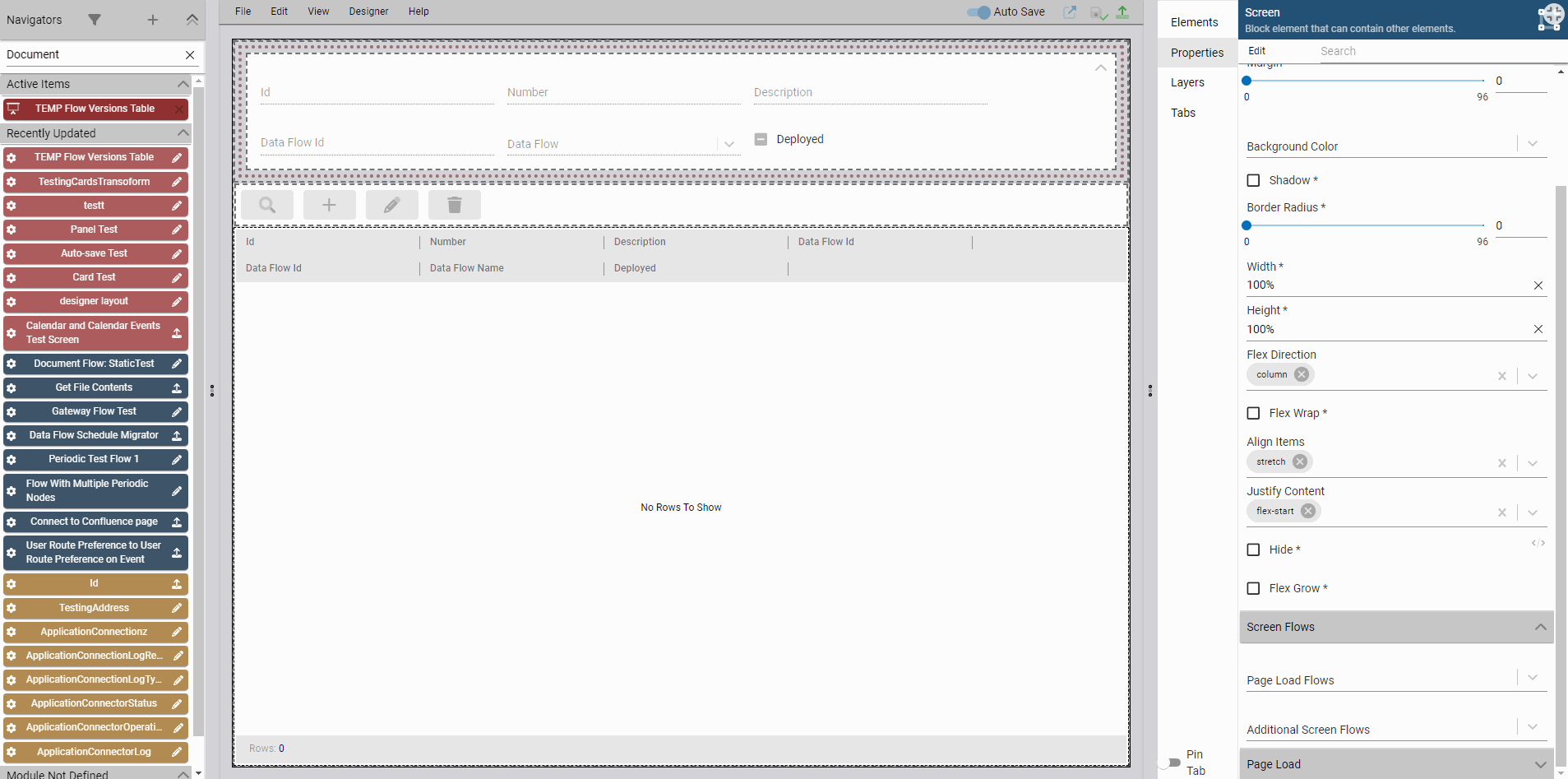 Dragging a data flow into a screen to create an action button
