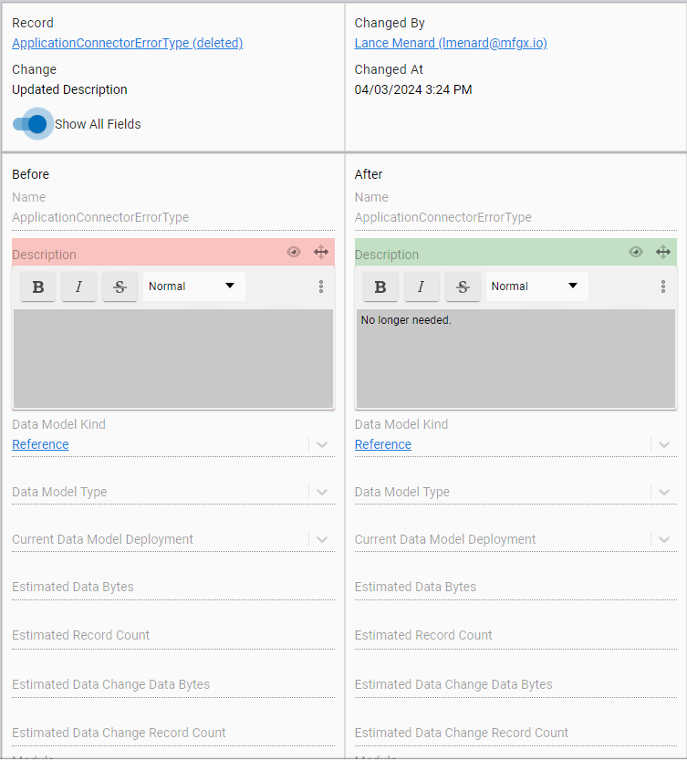 Form displaying changes in an update to a data model
