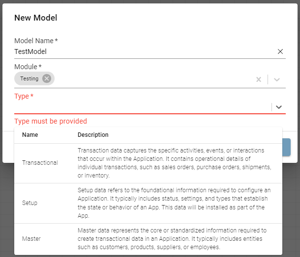 New Model dialog featuring the Type select input
