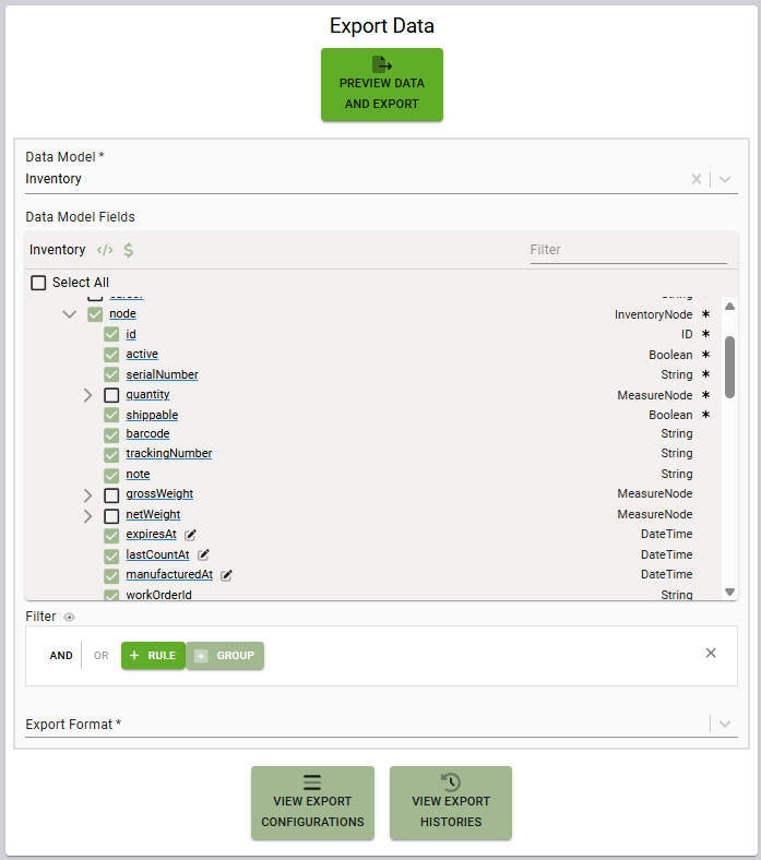 Simplified Export Data screen