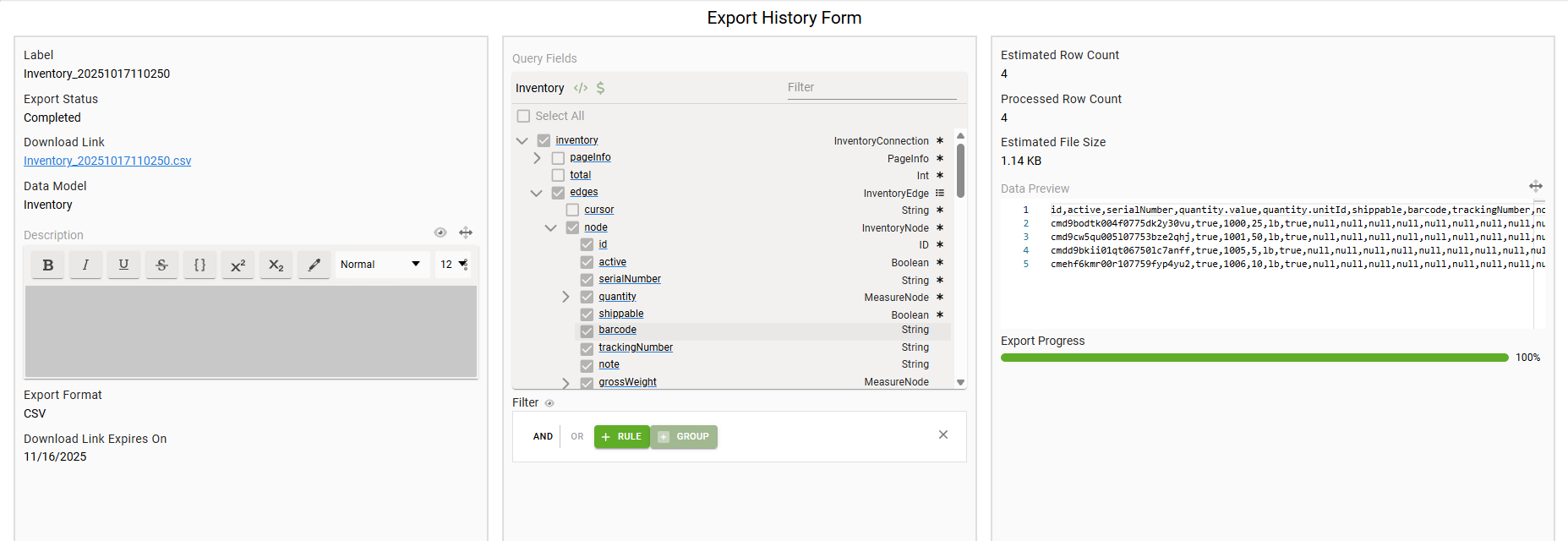 Updated Export History form