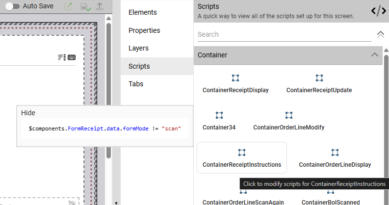 The Screen Designer's Scripts tab