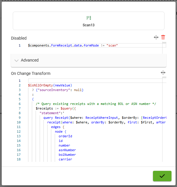 Editing scripts for a selected screen element in the Scripts tab
