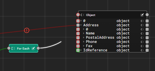 A data mapping with one invalid link and one link being created, showing ports highlighting red and green