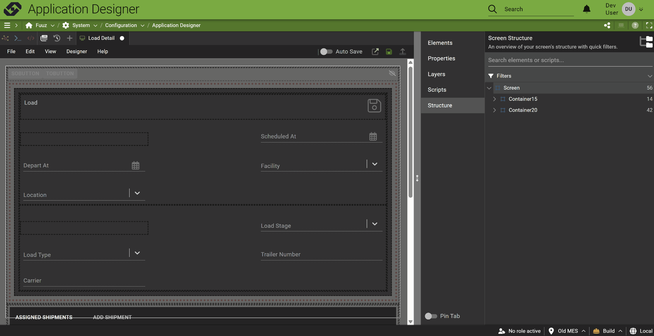Screen designer Structure tab