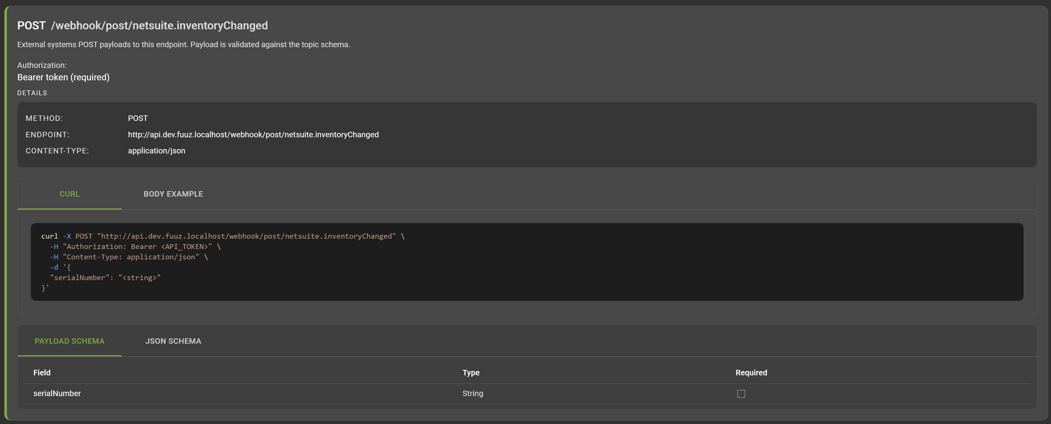 API documentation for webhooks
