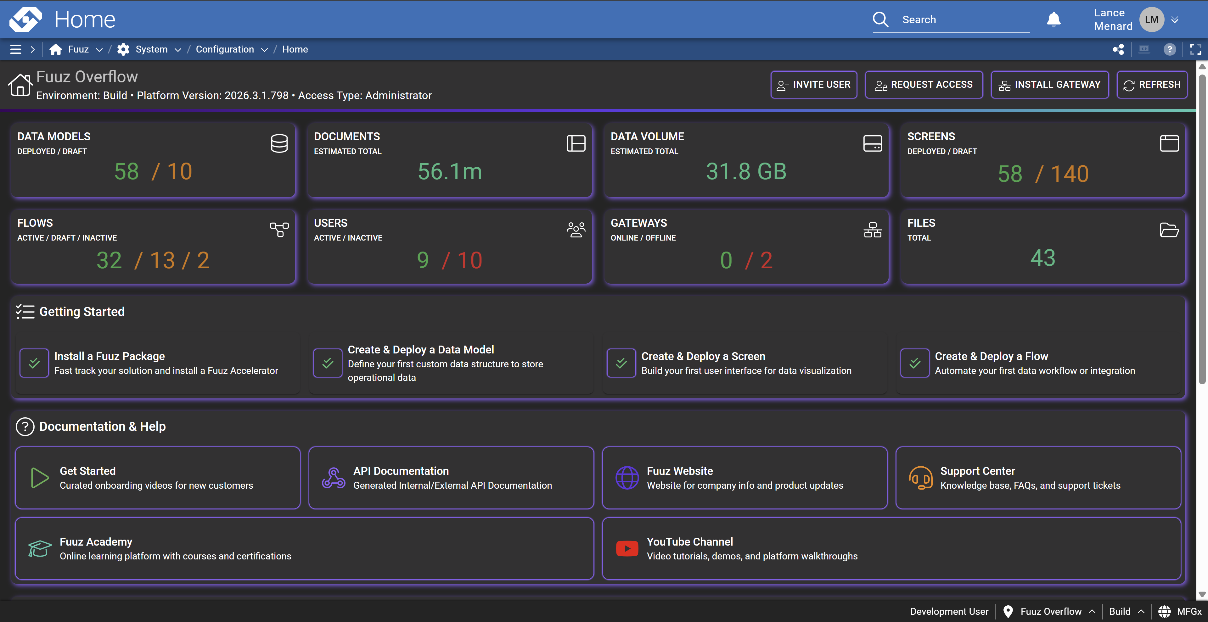 Admin home screen dashboard