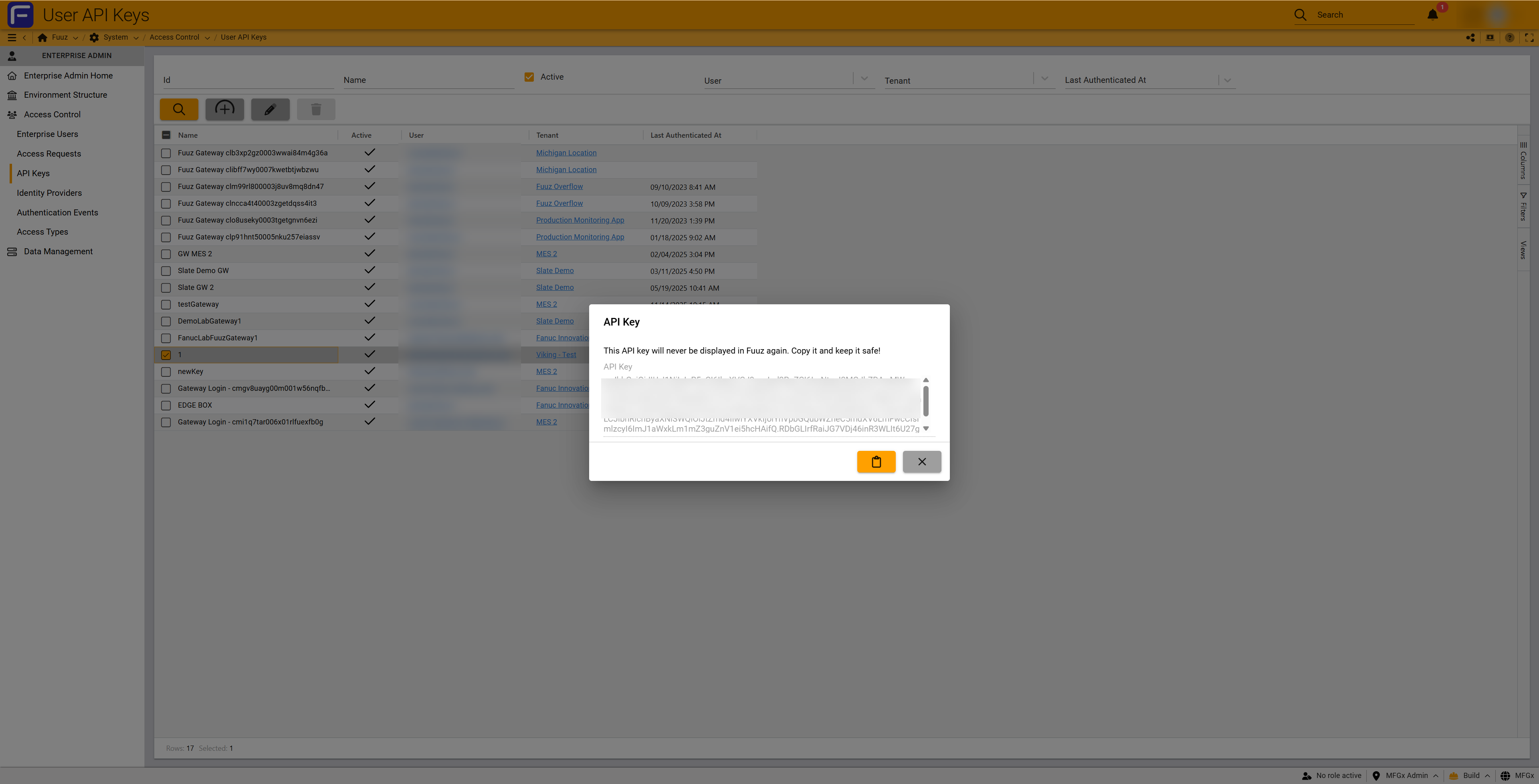 Generated API key dialog