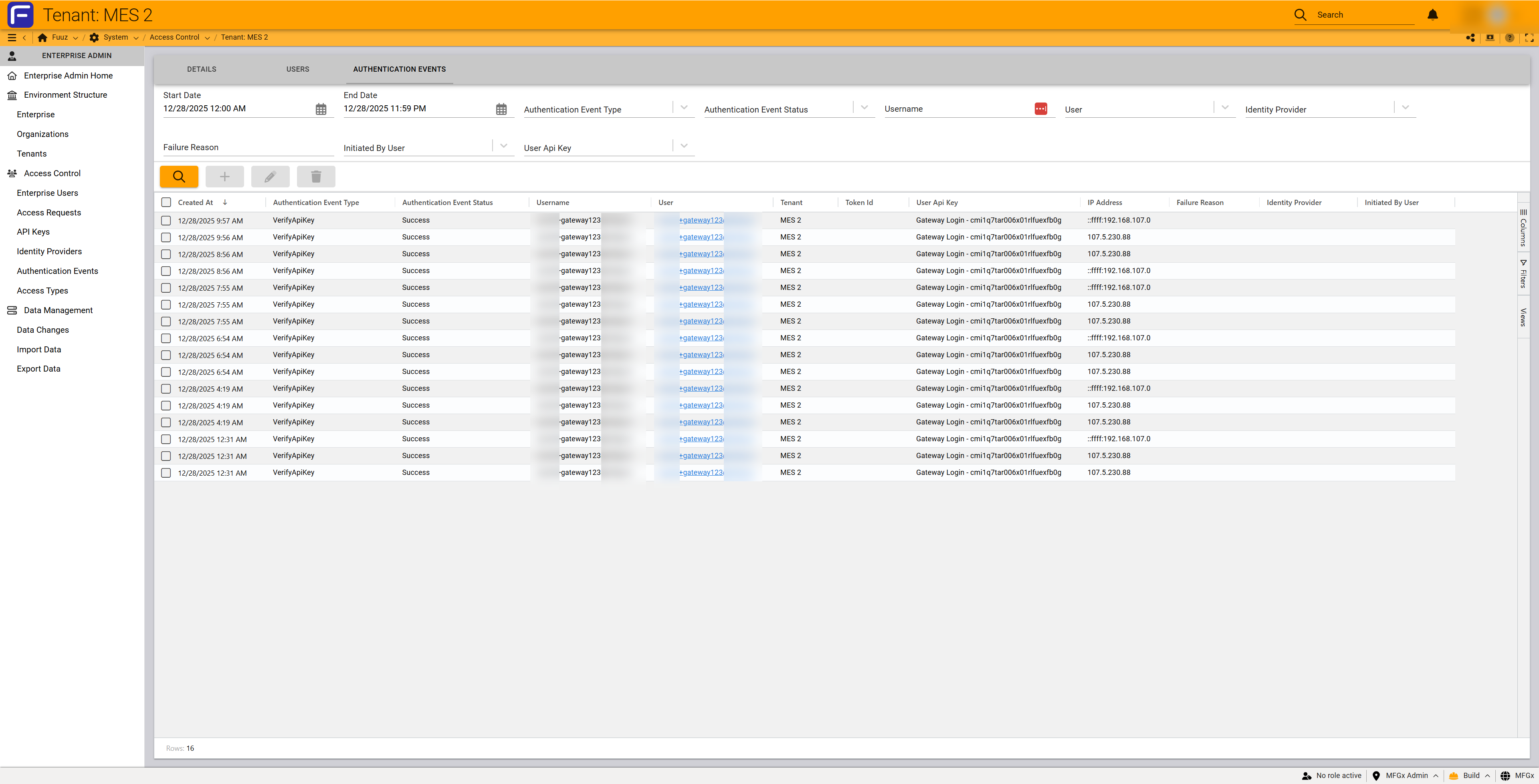 Authentication events tab