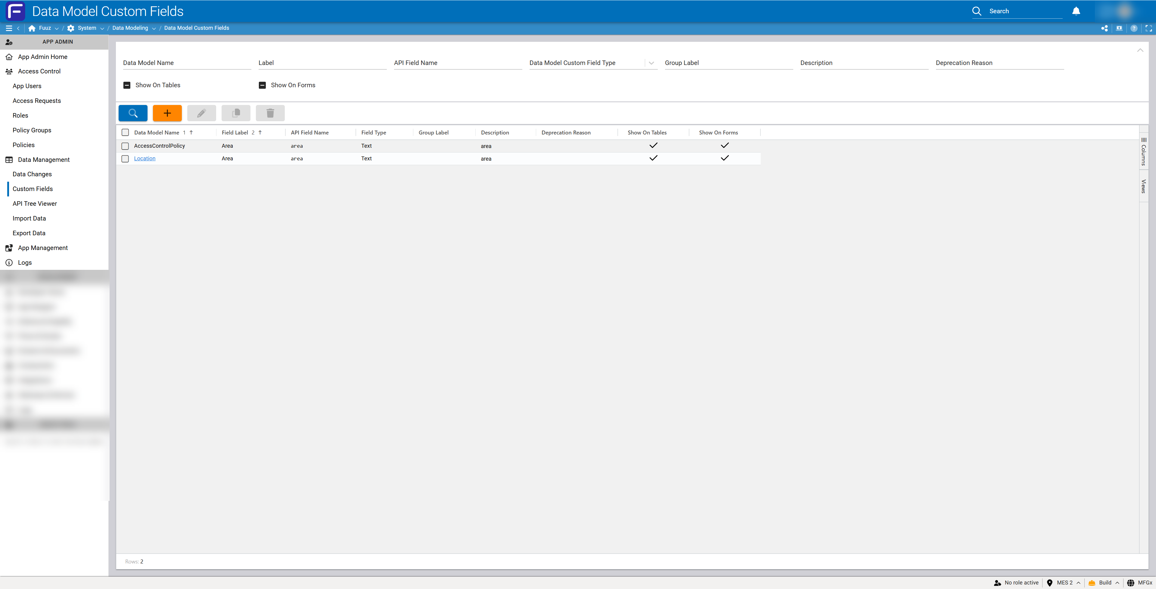 Custom Fields screen