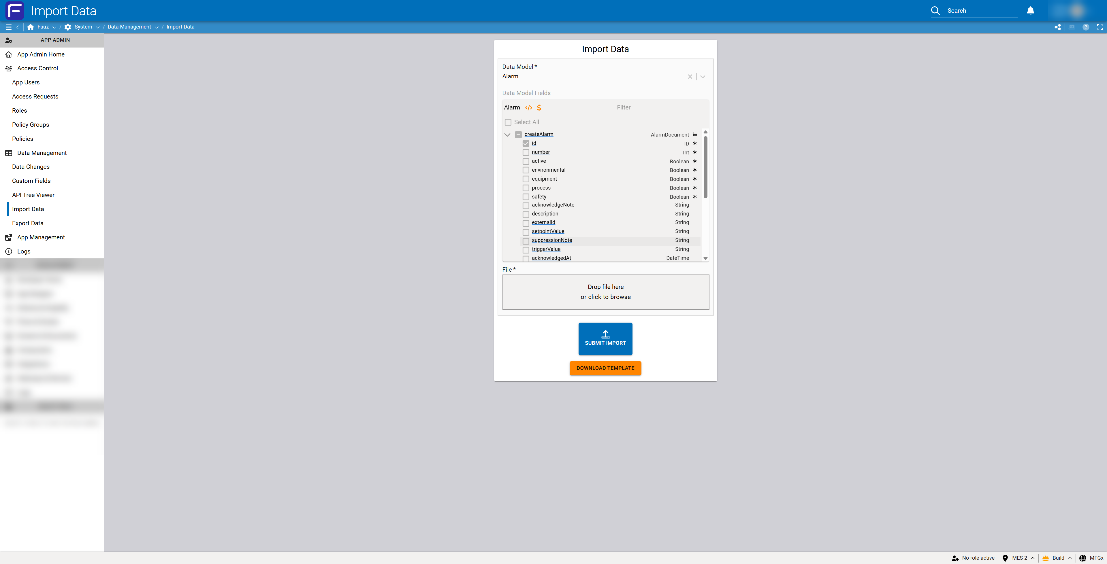 Import Data screen