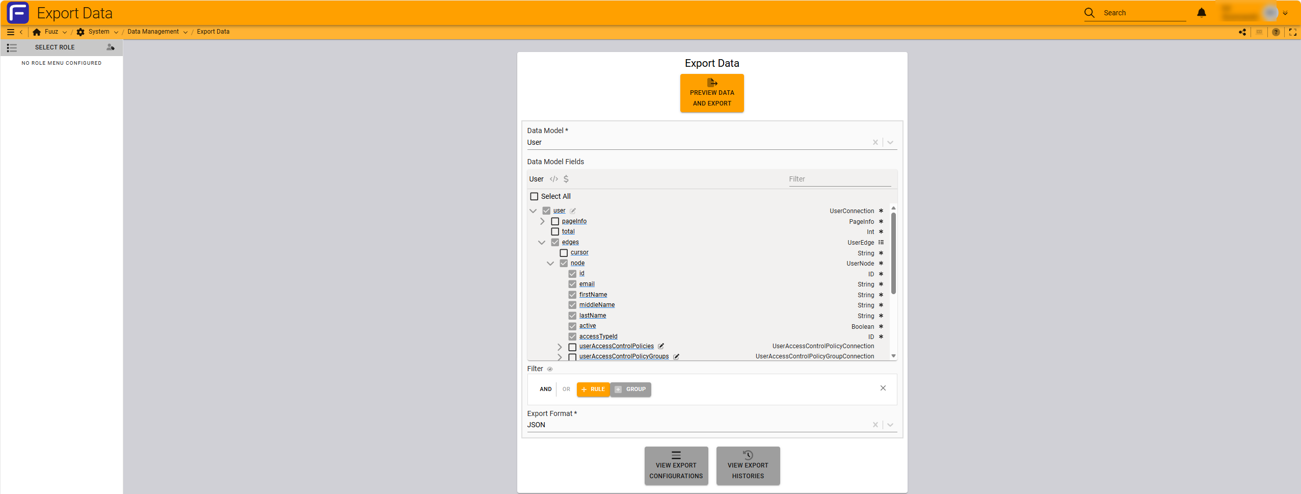 Export Data screen