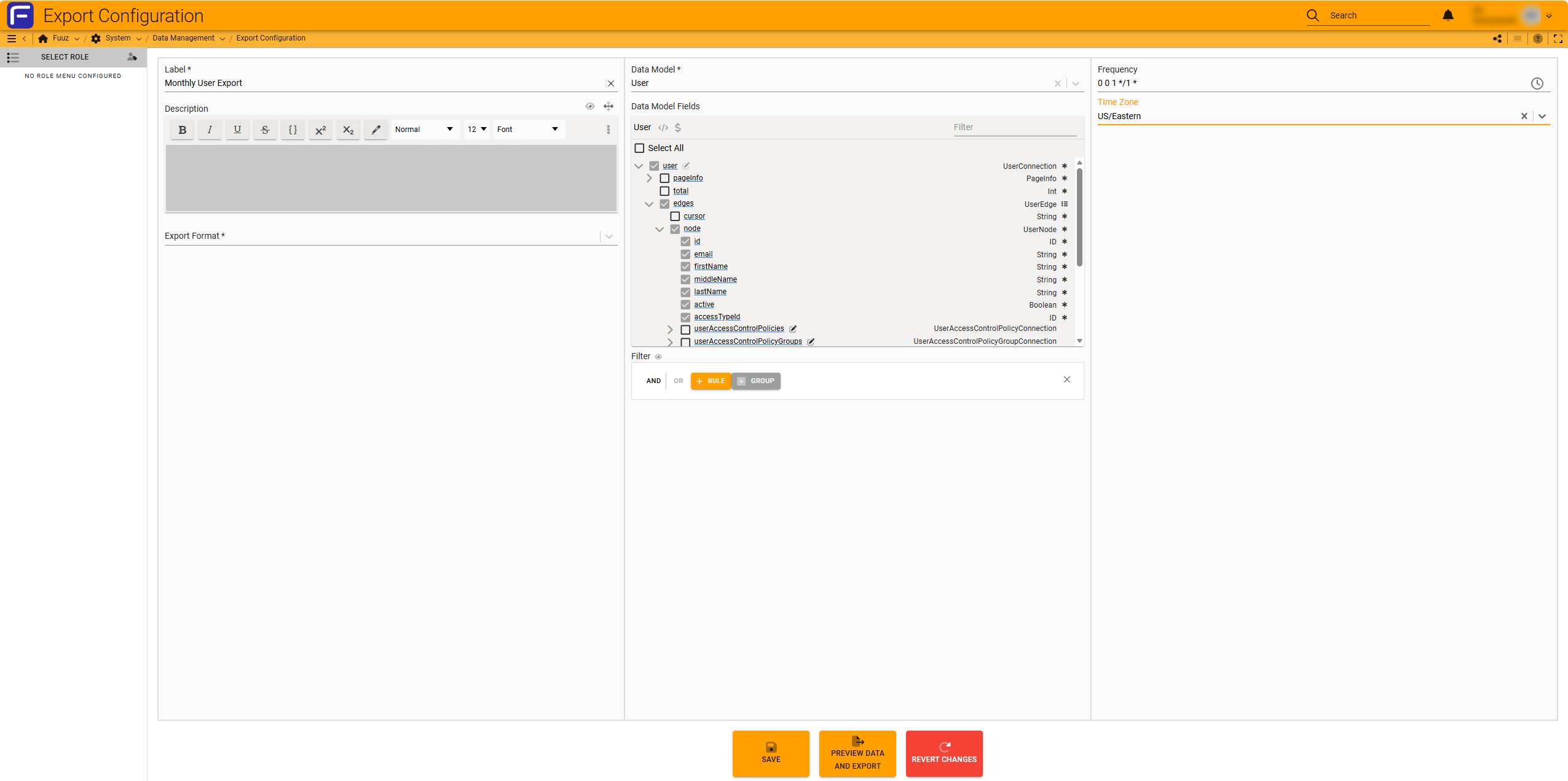 Export Configuration Form