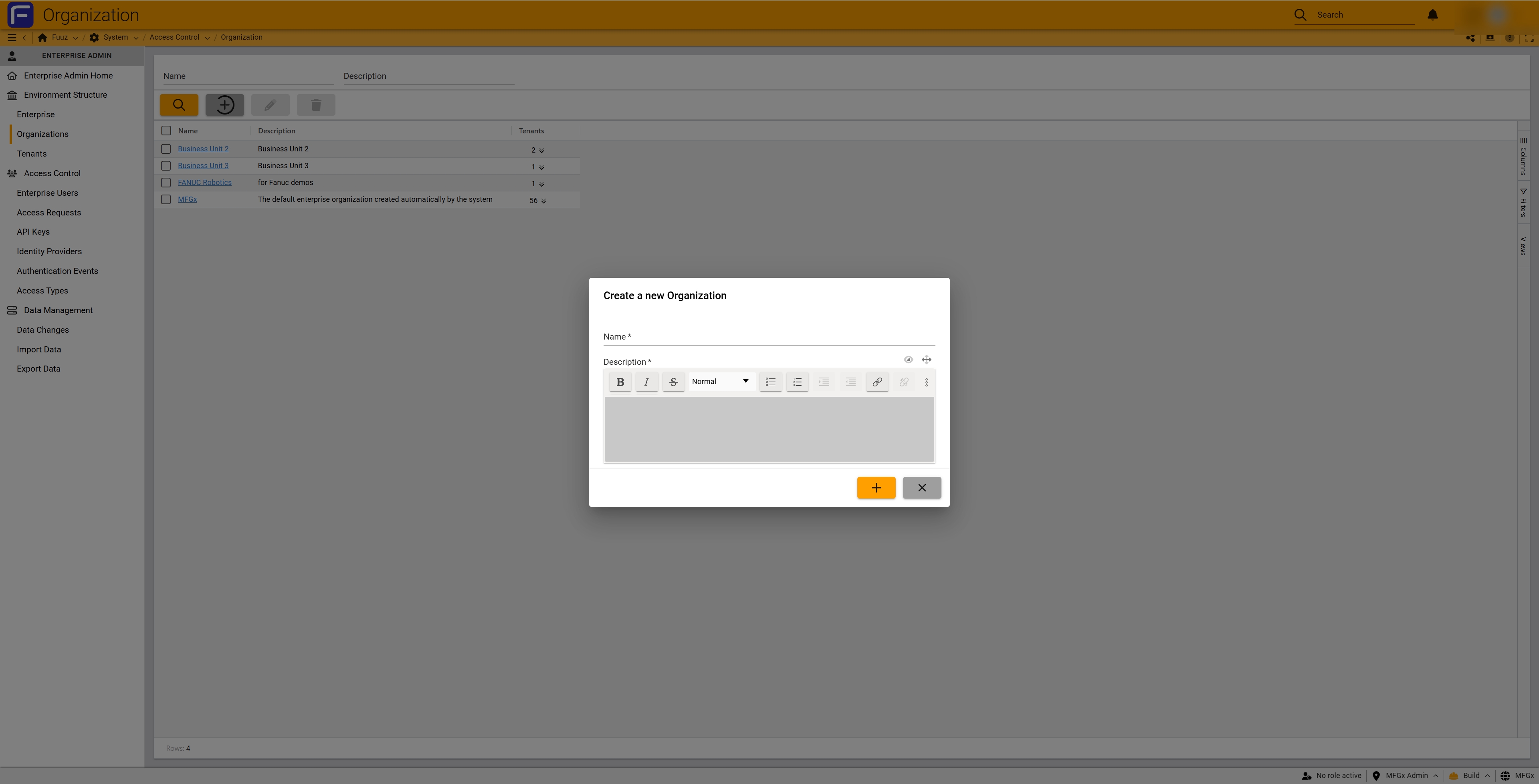 Create a new organization dialog