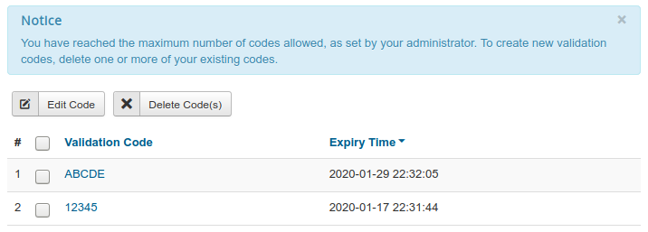 Message shown when maximum number of codes have been generated