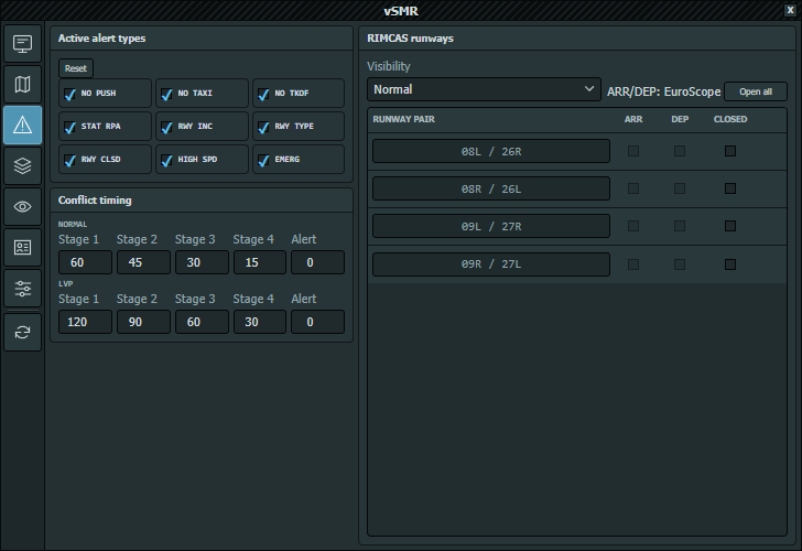 RIMCAS alert types and timings, with EuroScope-derived runway rows and manual Closed controls