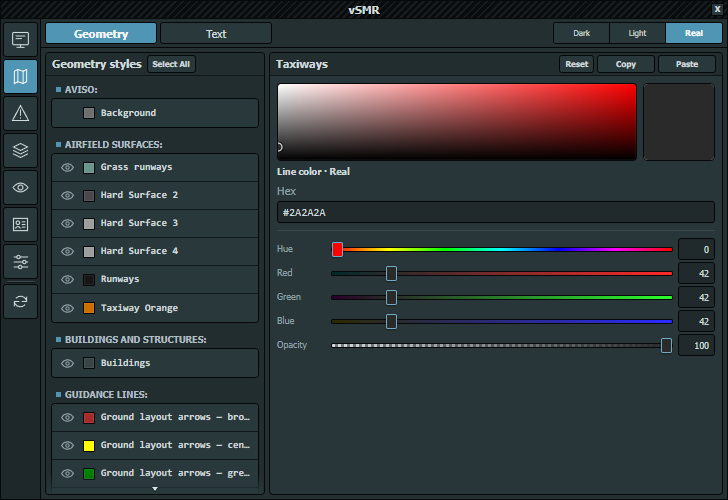 AVISO Geometry style list and selected line-color editor in the Real palette