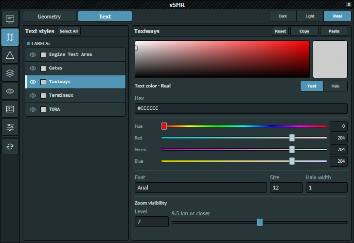 AVISO Text style list with font, halo and zoom-visibility controls